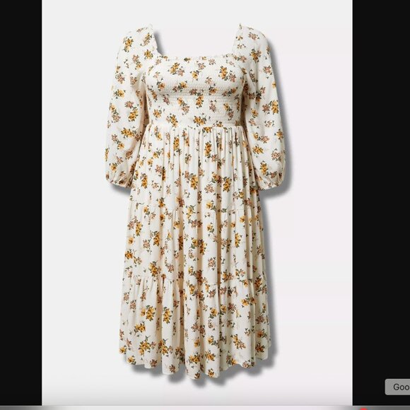 Torrid Floral Smocked Puff Sleeve Square Neck Fit & Flare Midi Dress Size 1X - Picture 15 of 16